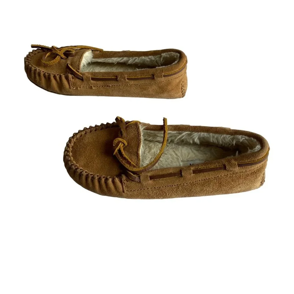 Minnetonka Unisex Kid Size 1 Brown Genuine Leather‎ Faux Fur Moccasins Loafers